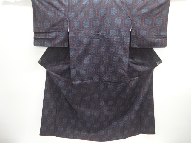 JAPANESE KIMONO / ANTIQUE TSUMUGI KIMONO / FLORAL PATTERN WOVEN TORTOI